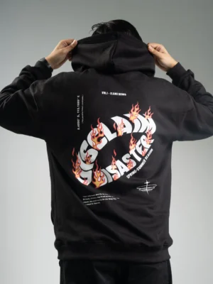 photography of 𝐁𝐋𝐀𝐂𝐊 𝐃𝐈𝐒𝐀𝐒𝐓𝐄𝐑 | Hoodie isolated on a clean background.